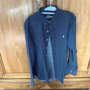 Men’s polo button down shirt navy and white motif size large